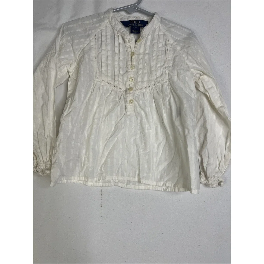 Polo Ralph Lauren Girls Blouse Size 4/4T White/Ivory‎ Long Sleeve Pintuck Button